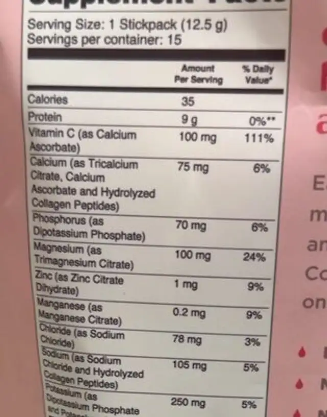 Ultima Beauty nutrition facts table