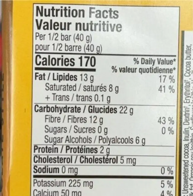 Chocolate nutrition facts table