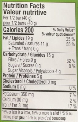 Extremely Dark Chocolate Sweetened With Stevia nutrition facts table