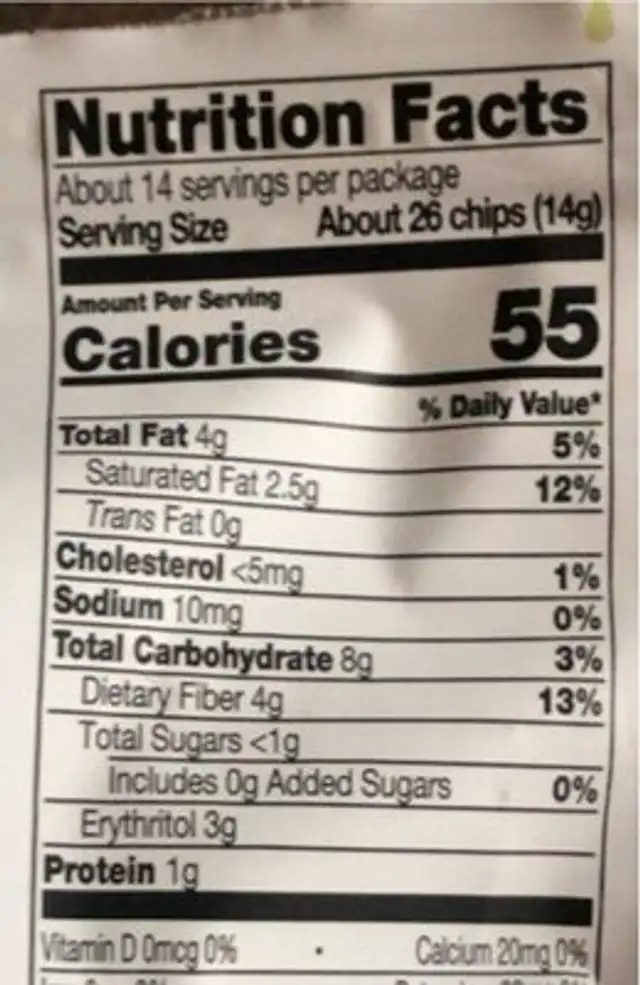 Lilly’s chocolate Mint Baking Chips nutrition facts table
