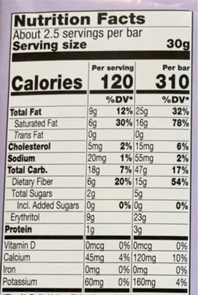 Lilys Confetti White Chocolate nutrition facts table
