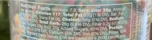 Rainbow sour belts nutrition facts table