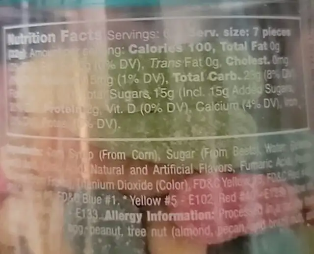 Bookworms nutrition facts table