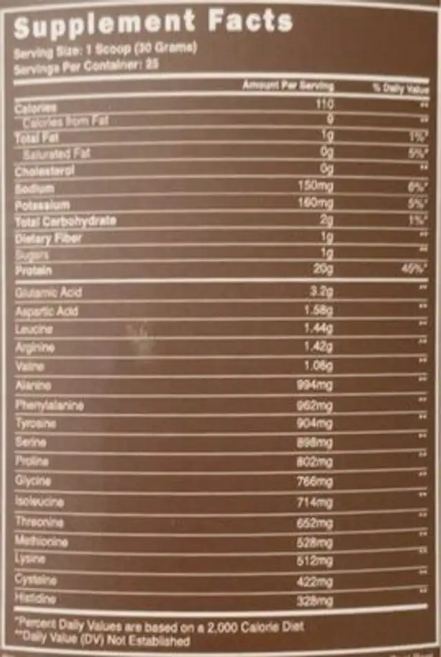 Veg-Pro Milk Chocolate nutrition facts table