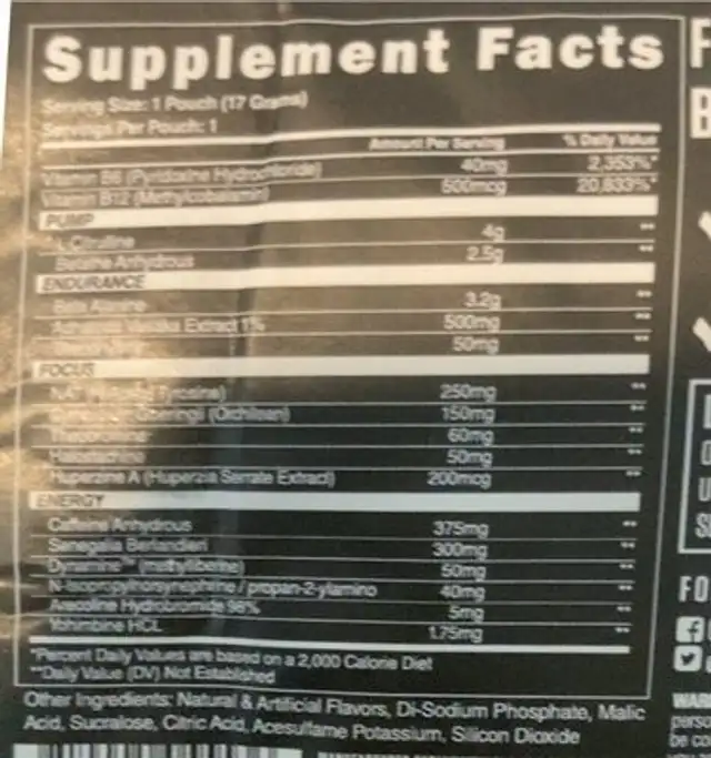 Amped AF nutrition facts table