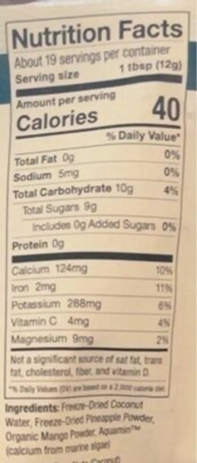 Hydrate nutrition facts table