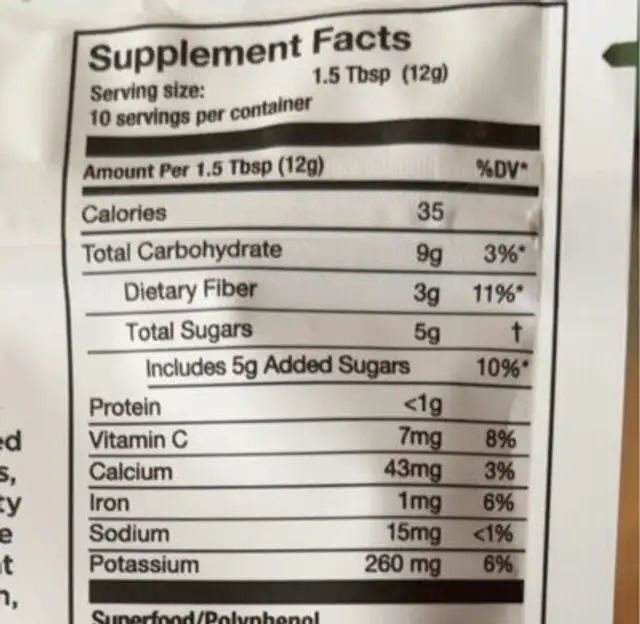Activate prebiotic daily greens nutrition facts table