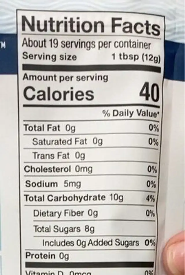 Hydrate nutrition facts table