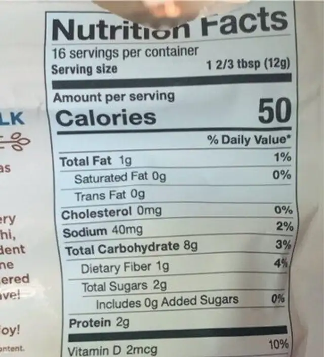 Aloha Oatmac Plant Based Powdered Milk nutrition facts table