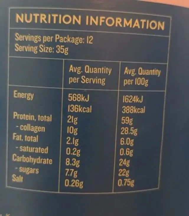 Collagen protein powder nutrition facts table
