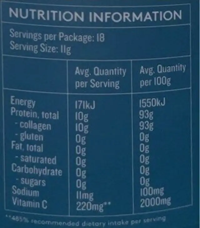 Dose & Co Marine Collagen nutrition facts table
