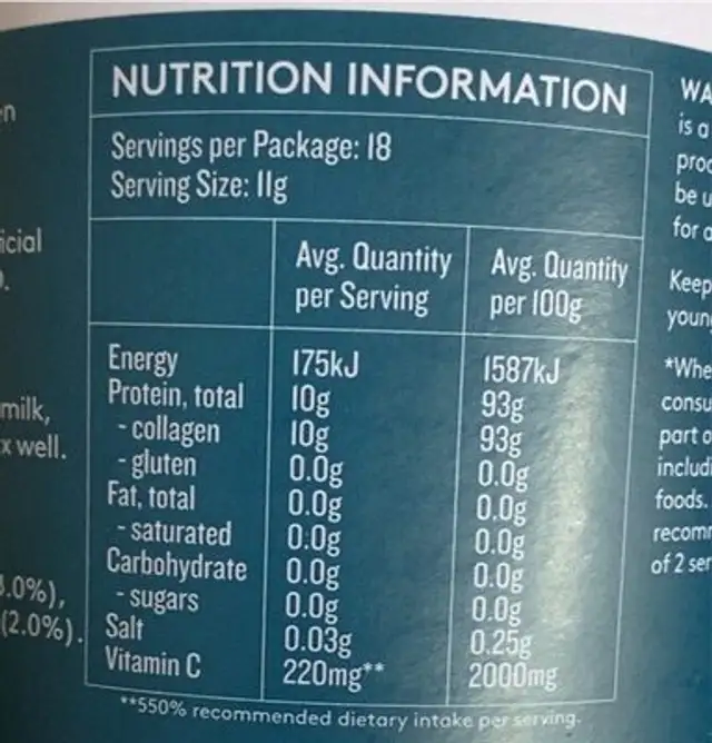 Marine Collagen unflavoured collagen peptides nutrition facts table