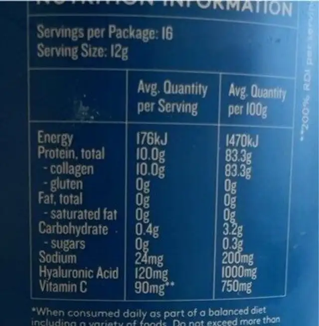 Beauty collagen nutrition facts table