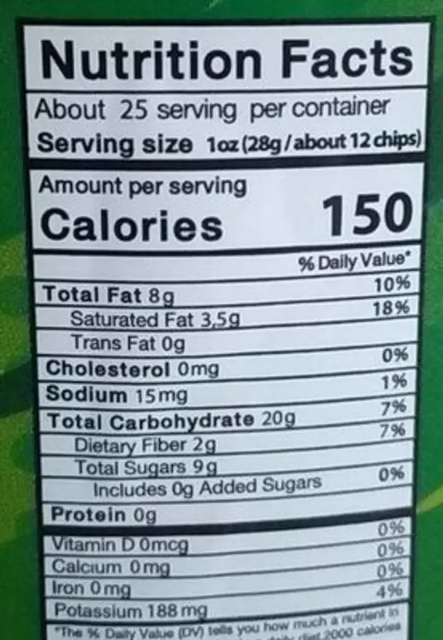 Plantain Chips Mix nutrition facts table