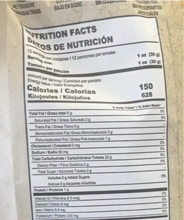 Danny’s roots nutrition facts table