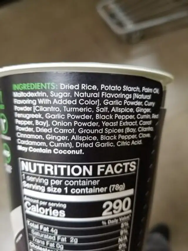Cup Riz au Curry ingredients label