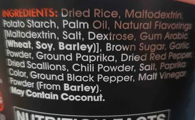 Thai Sriracha ingredients label
