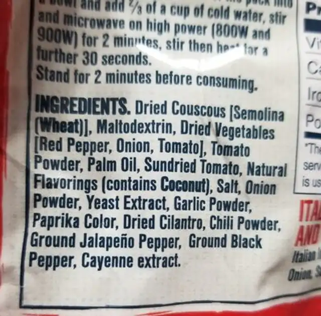 Sundried tomato & chili couscous ingredients label