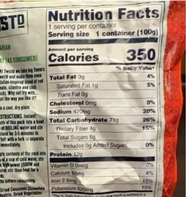 Sundried tomato & chili couscous nutrition facts table