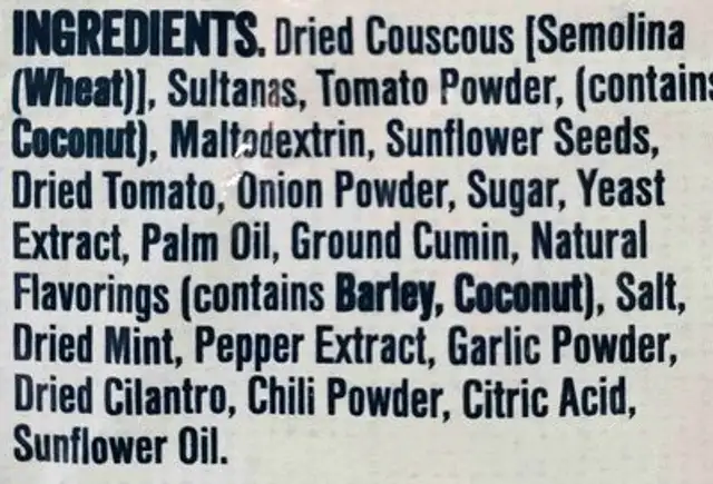 Maroccan inspired fruity flavor couscous ingredients label