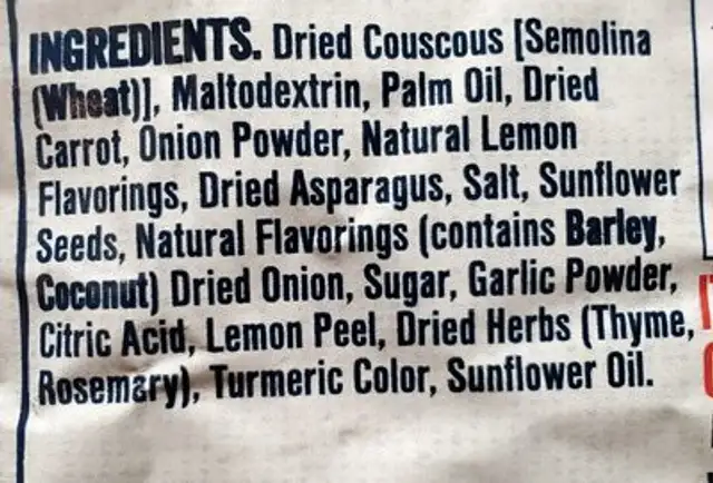 Italian inspired savory lemon flavored couscous ingredients label