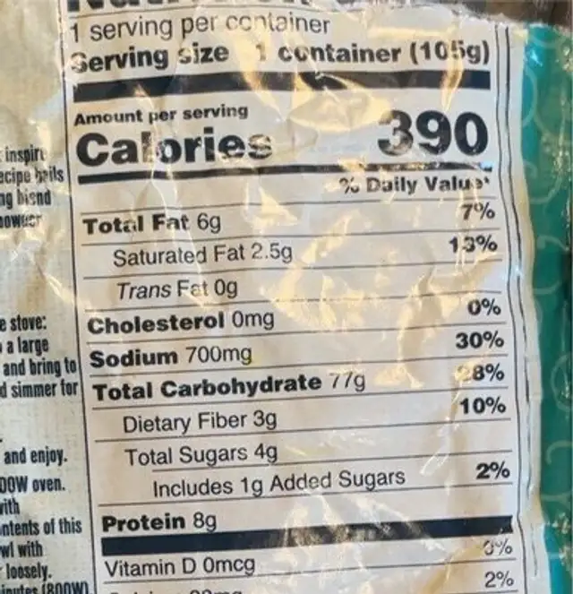 Singapore Inspired Savory Rice nutrition facts table