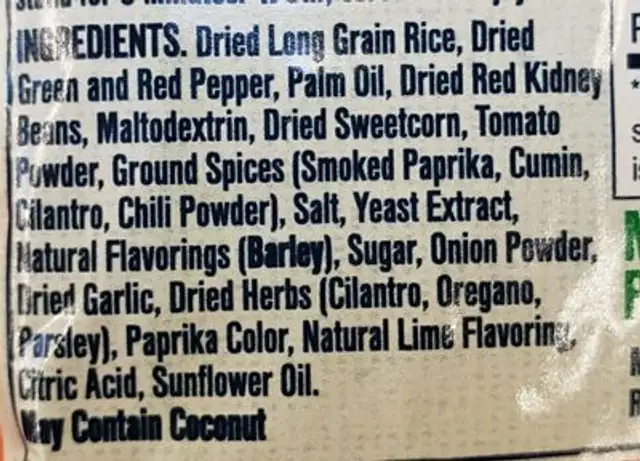 Mexican inspired smoked paprika & lime rice ingredients label