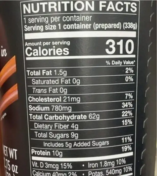 Naked Noodle Chinese Szechuan nutrition facts table