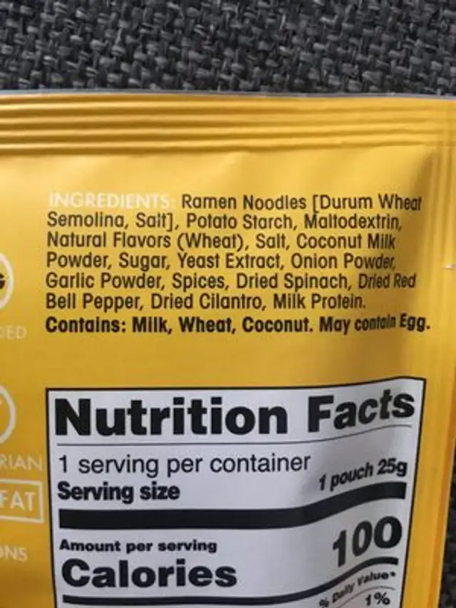 Thai style coconut and lemongrass Ramen noodle soup ingredients label