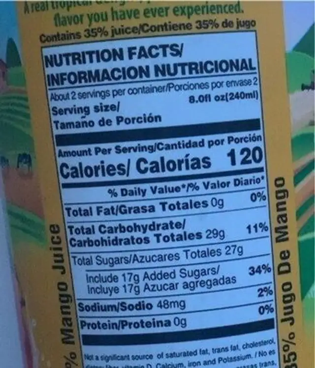 Mango juice drink nutrition facts table