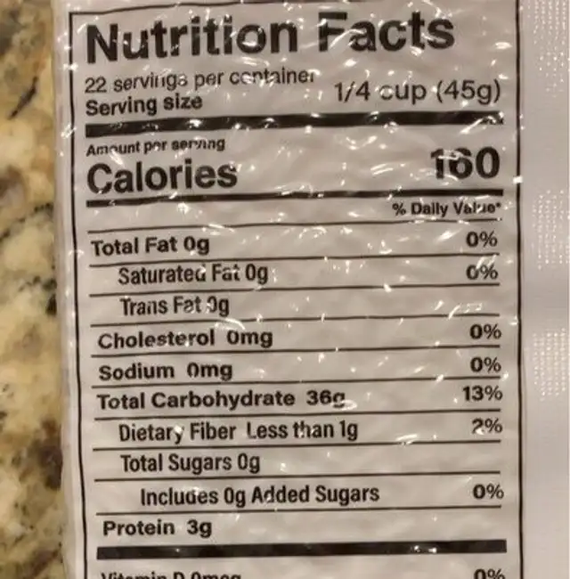 Organic Thai Jasmine Rice nutrition facts table