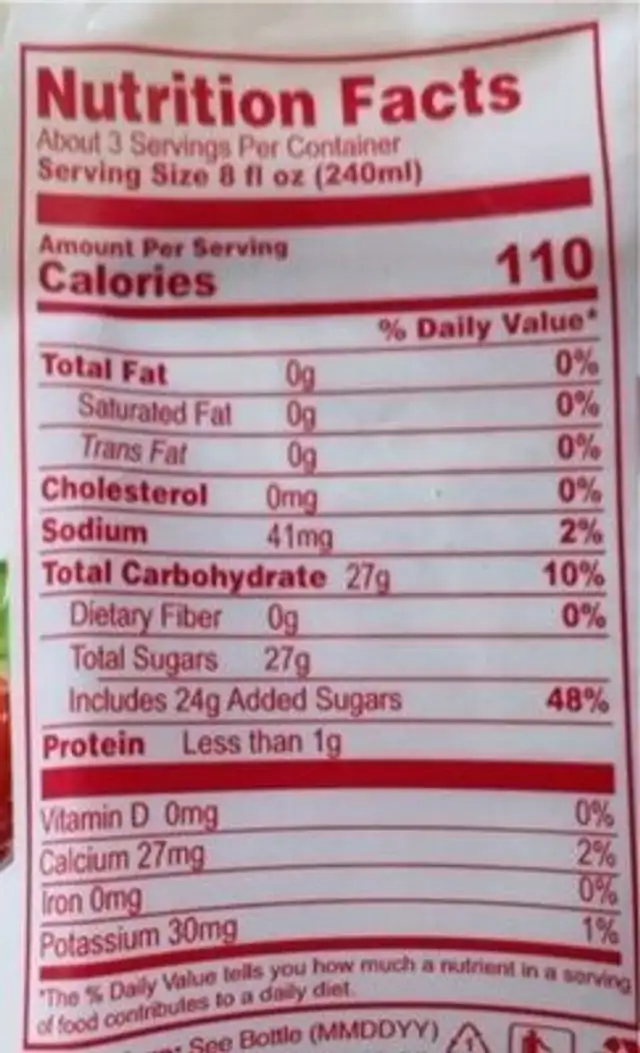 Strawberry Flavored Drink with Lactobacilius nutrition facts table