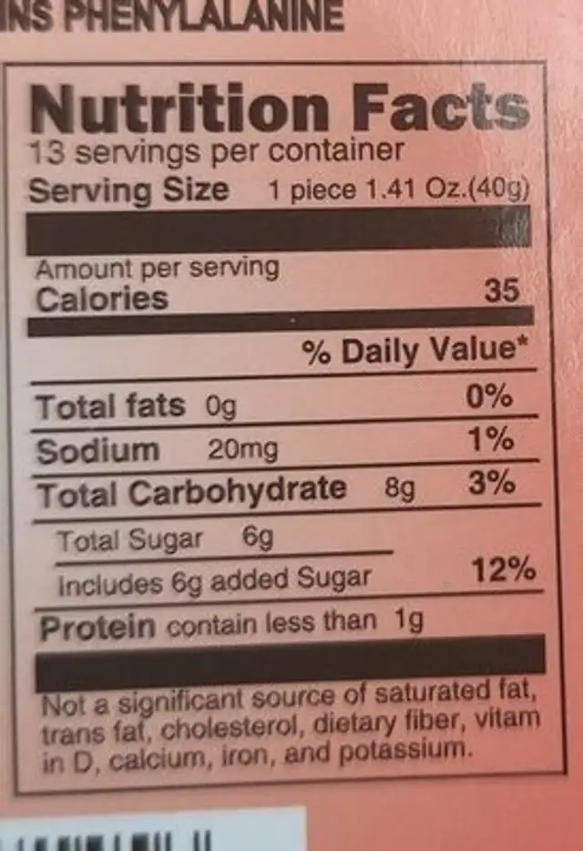 Jelly pop nutrition facts table