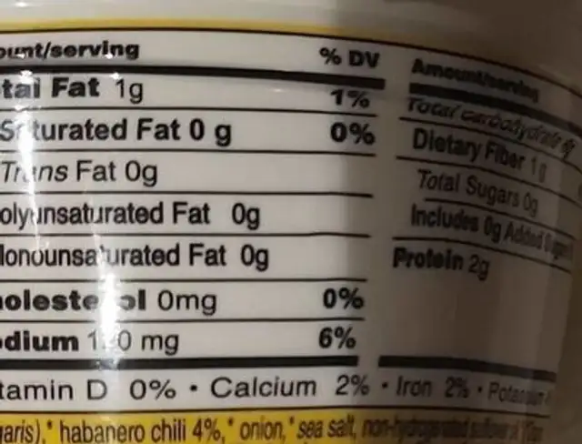 Organic Bean Dip nutrition facts table