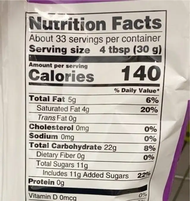 Taro powder nutrition facts table