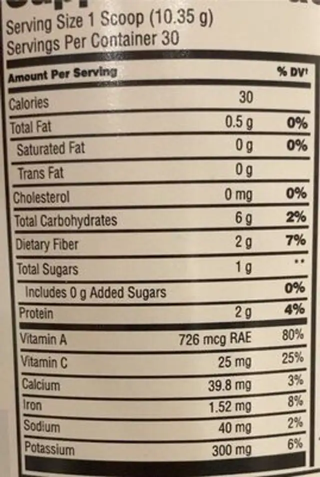 Max greens nutrition facts table