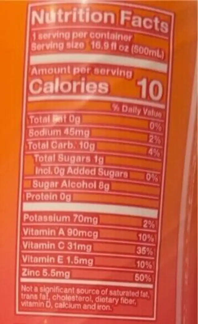 Organic enhanced water nutrition facts table