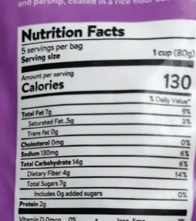 Mixed root vegetable fries nutrition facts table