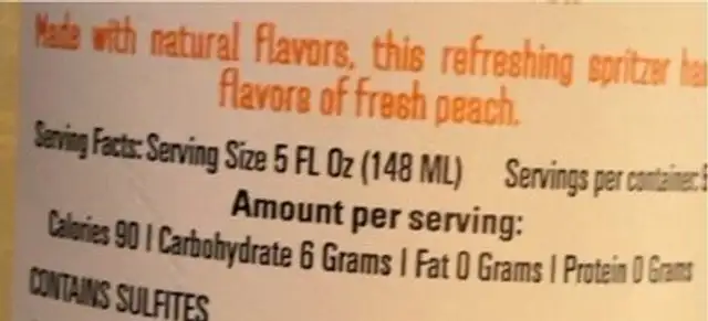 Peach Sweet Grape Wine nutrition facts table