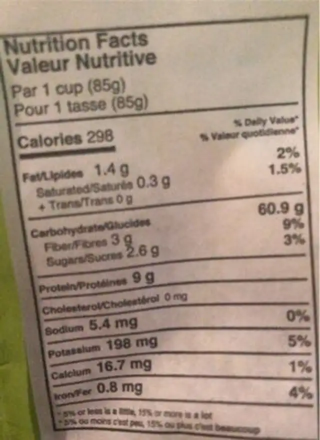 Farfalle #201 nutrition facts table