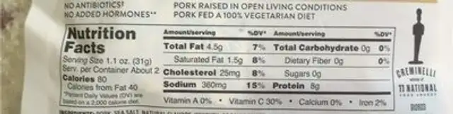 Whiskey salami mini snacks nutrition facts table