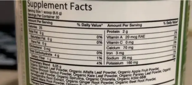 Organic Greens nutrition facts table