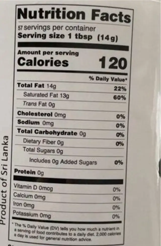 Organic Coconut Oil nutrition facts table