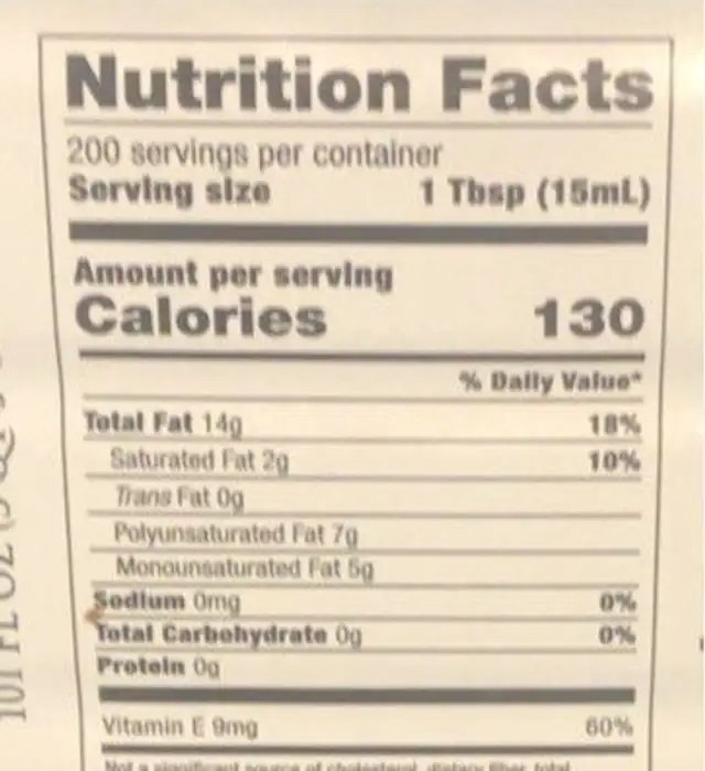 Sunflower and extra virgin olive oil nutrition facts table