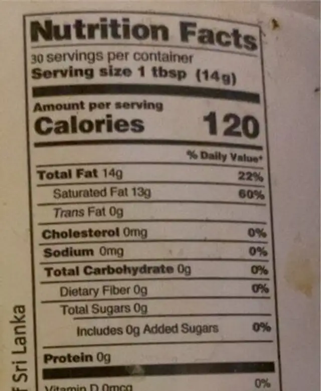 Refined Coconut Oil nutrition facts table