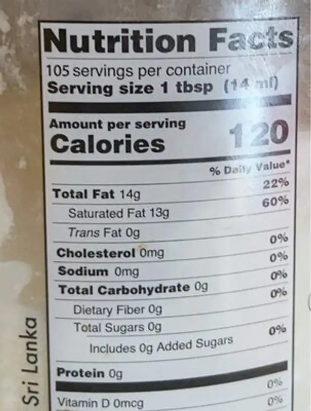 Organic coconut oil nutrition facts table