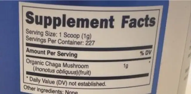 100% Organic Chaga Mushroom nutrition facts table