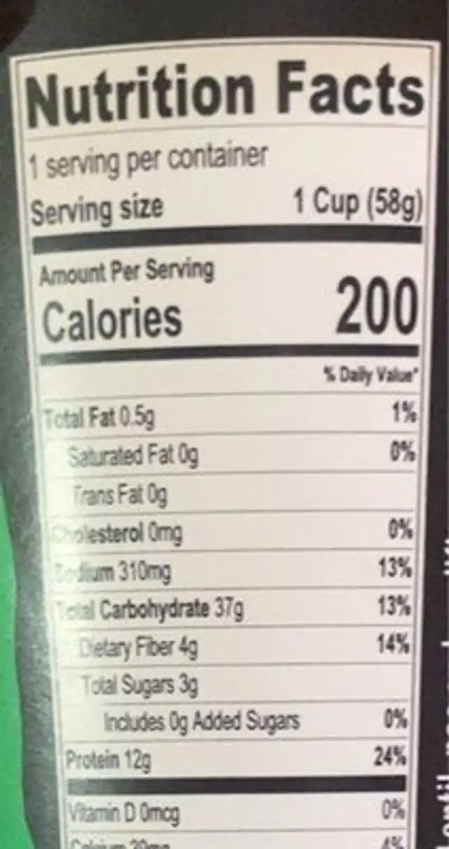 Cauliflower pasta marinara nutrition facts table