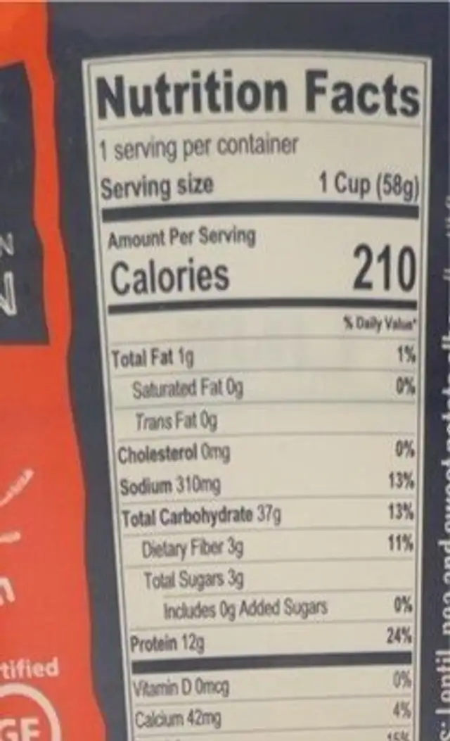 Pasta marinara nutrition facts table
