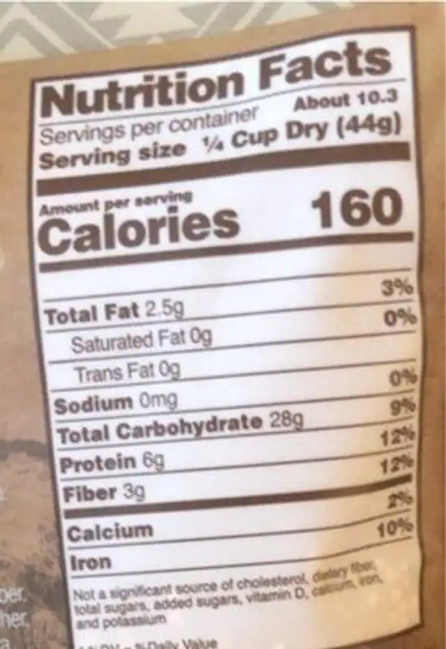Organic premium whole grain white quinoa nutrition facts table